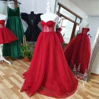 Angelsbridep Sexy Tulle Red Evening Dresses Vestidos De Fiesta Sweetheart Arabic Dubai Formal Gowns Floor Length Evening Gowns