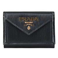 【PRADA 普拉達】PRADA saffiano立體LOGO水波紋牛皮3卡釦式三折短夾(黑)