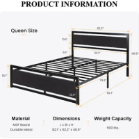 Queen Size Bed Frame with Modern Wooden Headboard/Heavy Duty Platform Metal Bed Frame with Square Frame Footboard Easy Assemble