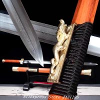 Folded Forged Damascus Steel Double Edge Sword Chinese KungFu Han Dynasty Dragon Jian Red Wood Saya/Brass Fittings