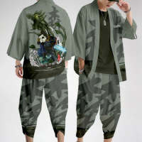 Plus Size S-6XL Camouflage Japanese Kimono Women Men Cosplay Yukata Clothing Harajuku Samurai Cardigan Tops Pants