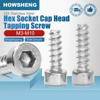 HOWSHENG 20/40pcs Hex Socket Cap Head Self Tapping Screw Flat Tail M2 M3 M4 M5 Stainless Steel Allen Head Tapping Screw