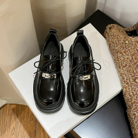 葡萄媽同款厚底黑色小皮鞋女真皮英倫風百搭系帶鎖扣粗跟樂福單鞋