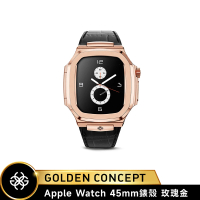【Golden Concept】Apple Watch 45mm 保護殼 ROL45 玫瑰金錶殼/黑皮革錶帶(Royal Leather)