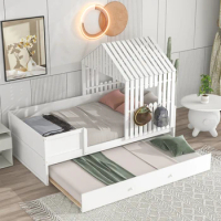 House Low Loft Bed,Unique Style Twin Size bed with Trundle,roof,window,chimney &amp; full-length guardrails,comfort for Kids bedroom