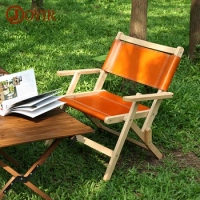 JOYIR Solid Wood Kermit Chair Outdoor Folding Chair Genuine Leather Luxury Chair Portable for Outdoor Camping Beach Stool