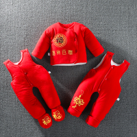 LI เสื้อโค้ทผ้าฝ้ายเด็กแรกเกิดสีแดงชุดสามชิ้นชุดกางเกงผ้าฝ้ายพร้อมสายรัดสำหรับเด็กแรกเกิด