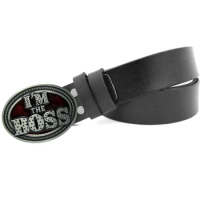 Genuine Leather Men Belts Screw Connect with Red Oval Zinc Alloy Metal Buckle I'm The Boss