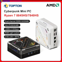 TOPTON Cyberpunk Gamer PC AMD Ryzen 7 8845HS 7840HS 7735HS Mini PC RGB Light DDR5 2.5G LAN USB4.0 Mi