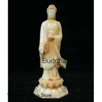11.2" Old Chinese Natural White Jade Stand Shakyamuni Tathagata Buddha Statue