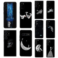 Universe Space Moon Astronaut Silicone Black Phone Cases for Samsung Galaxy S23 Ultra 5G S22 S21 S20 FE Plus Note 20 10 9 8 S10