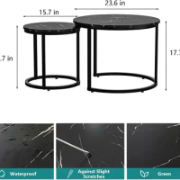 Black Nesting Coffee Table Set of 2, 23.6" Round Wood Grain Top with Adjustable Non-Slip Feet, Industrial End Table Side Tables