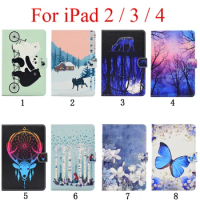Soft TPU Silicone Case Cover for iPad 2 / 3 /4 Shell Skin Bag for iPad2 ipad4 PU leather Stand Case Wolf Butterfly Flower Print