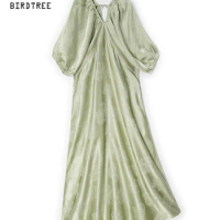 BirdTree, 25MM Real Silk Elegant Dresses, Women Lantern Sleeve V Neck Jacquard, Commute Temperament Dress, 2024 Summer D44009QC