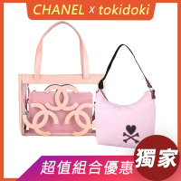 展示品 CHANEL雙C三LOGO透明PVC漆皮子母手提肩背包(透明x粉紅)+TOKIDOKI