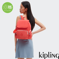 Kipling (網路獨家款) 活力珊瑚橘掀蓋拉鍊後背包-CITY ZIP S