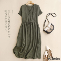 【ACheter】綠色棉麻大碼連身裙中長版A字裙收腰顯瘦薄款圓領短袖洋裝#121454(綠)