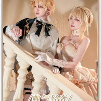 Game Genshin Impact Doujin Aether Cosplay Evening Dress Doujin Lumine Costume Dinner Jacket Comic Con Party Birthday Gifts Wig