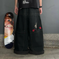 American Big Pocket Boxing Kangaroo Print Wash Wide Leg Jeans Y2K Hip Hop Street Casual Loose Denim for Men and Women Pant