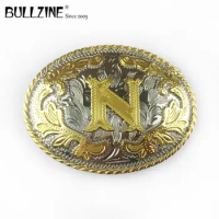 The Bullzine western flower with letter "N" belt buckle with silver and gold finish FP-03702-N for 4cm width snap on belt