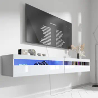 Wall Mounted TV Shelf with Led Lights&amp;Power Outlet Console with Storage, High TV Cabinet for 65/75/80 inch TV