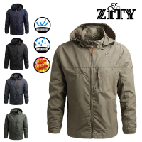 ZITY（ซื้อ 1 แถม 1）หนัง Zip Hooded Jacket เสื้อแจ็คเก็ตผู้ชายกันน้ำกลางแจ้ง Windbreaker Hoodie