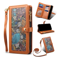 Zipper Purse Phone Case For Samsung Galaxy S24 S23 S22 S21 Fe Plus Note20 Ultra Leather Wallet Crossbody Hand Strap Design Cover