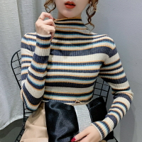 彩色條紋針織打底衫女半高領修身百搭長袖毛衣內搭短上衣
