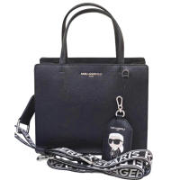 【KARL LAGERFELD 卡爾】KL 老佛爺人形吊牌手提袋斜背包 托特包(黑色)