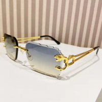 Metal Temples Cut Edge Sunglasses Vintage UV400 Rimless Retro Shades Rectangle Sun Glasses for Women &amp; Men