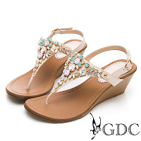 GDC-夏意瀰漫水鑽小花寶石楔型後帶涼鞋-米色