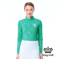 【KING GOLF】女款立領拉鍊幾何圖形印花薄款長袖POLO衫/高爾夫球衫-綠色
