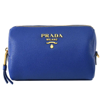 【PRADA 普拉達】經典浮雕OGO小牛皮化妝手拿包包萬用包(皇家藍)