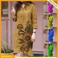 [OTA] ชุดเดรสพิมพ์ลายดอกไม้สำหรับผู้หญิง สามในสี่ Sves คอปกเปิดลง กระดุมกระดุมแถวเดียว อบอุ่น พลัสไซ