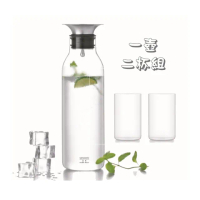【SAMADOYO】900ML玻璃冷水瓶+350ML玻璃杯*2(冷水壺/冰飲壺/自動蓋/一壺二杯組)