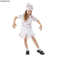 Halloween Girls Zombie Nurse Cosplay Costume Bloody Nurse Uniform Kids Terror Carnival Masquerade Performance Dress Costumes