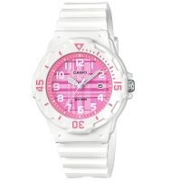 【CASIO 卡西歐】CASIO 指針錶 橡膠錶帶 防水100米 可旋轉式錶圈 桃紅框(LRW-200H-4C)