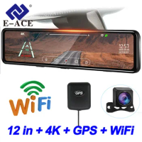 E-ACE dash cam 4k 12 Inches 3840*2160P dash cam for cars car DVR Sony IMX415 Dual Lens Auto Camera Parking Monitor Black box