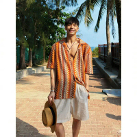 (COD) Vintage Ethnic Style Hollowed-Out Woven Cuban Collar Shirt for Men, Summer Color-Contrast Desi