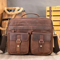 Vintage fashion men's leather shoulder bag crossbody top layer cowhide hand business for man male briefcase s