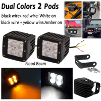 2pcs 3inch Dual Colors LED Work Lights 48W Led Light Bar Spot/Flood Beam Pods 12V 24V for Offroad Car Truck Motorycle Fog Lamp