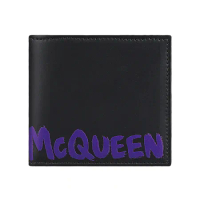 ALEXANDER McQUEEN 紫藍塗鴉字母LOGO滑面小牛皮8卡對折短夾(黑)