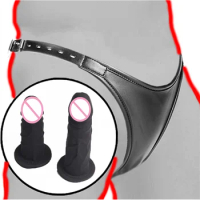 Leather Harness Chastity Panties Strapon Silicone Double Dildos Butt Plug Chastity Belt With Vagina Anal Plug Female Masturbator