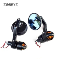ZORBYZ Motorcycle Black 7/8"Retro Round Handle Bar End Rearview Side Mirror With Amber Light LED Turn Signal Light For Harley