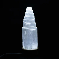 10-20cm Natural Selenite Lamp Carved Tower Healing Crystal Palm Stone Wicca Decor Point White Plate Gift 1pc