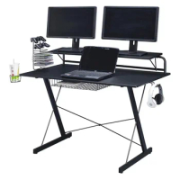 Carbon Computer Gaming Desk with Shelving, Black Laptop Table Stand Home Office