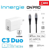 【送精美撲克牌】Innergie 台達電 C3 Duo (轉換版) 30W 快充頭 + ONPRO UC-MFIC2L Lightning 快充 iphone線 【2M】