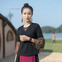 2024 retro national chinese base shirt woman traditional flower embroidery vintage hanfu tops hanfu tea service loose qipao top
