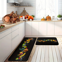 1 bộ/2 tấm thảm nhà bếp họa tiết trái cây nền đen, thảm chống trượt sàn nhà bếp, thảm chống mỏi chân