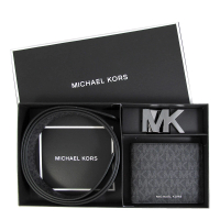 【Michael Kors】滿版短夾+MK頭雙面皮帶禮盒(黑色)
